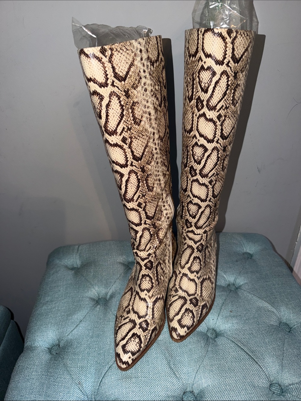 Snake Print Heeled Boots in Brown & Tan